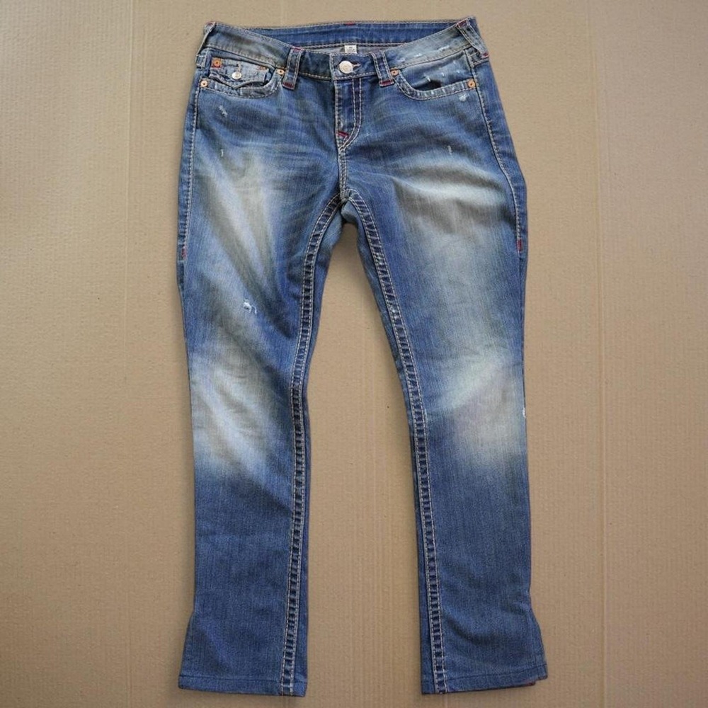 True Religion Big T Flap Jeans Men Sz 30 Medium Wash Bootcut Horseshoe Split Leg - Picture 4 of 7